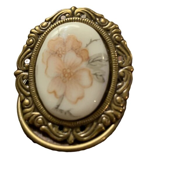 Vintage Jeri-Lou Floral Scarf Clip Oval Goldtone Frame Dogwood Design Signed - Picture 7 of 11